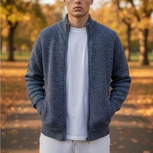 L.L. Bean Lambswool Androgynous Heather Blue Zip Chunky Knit Mock Neck Jacket